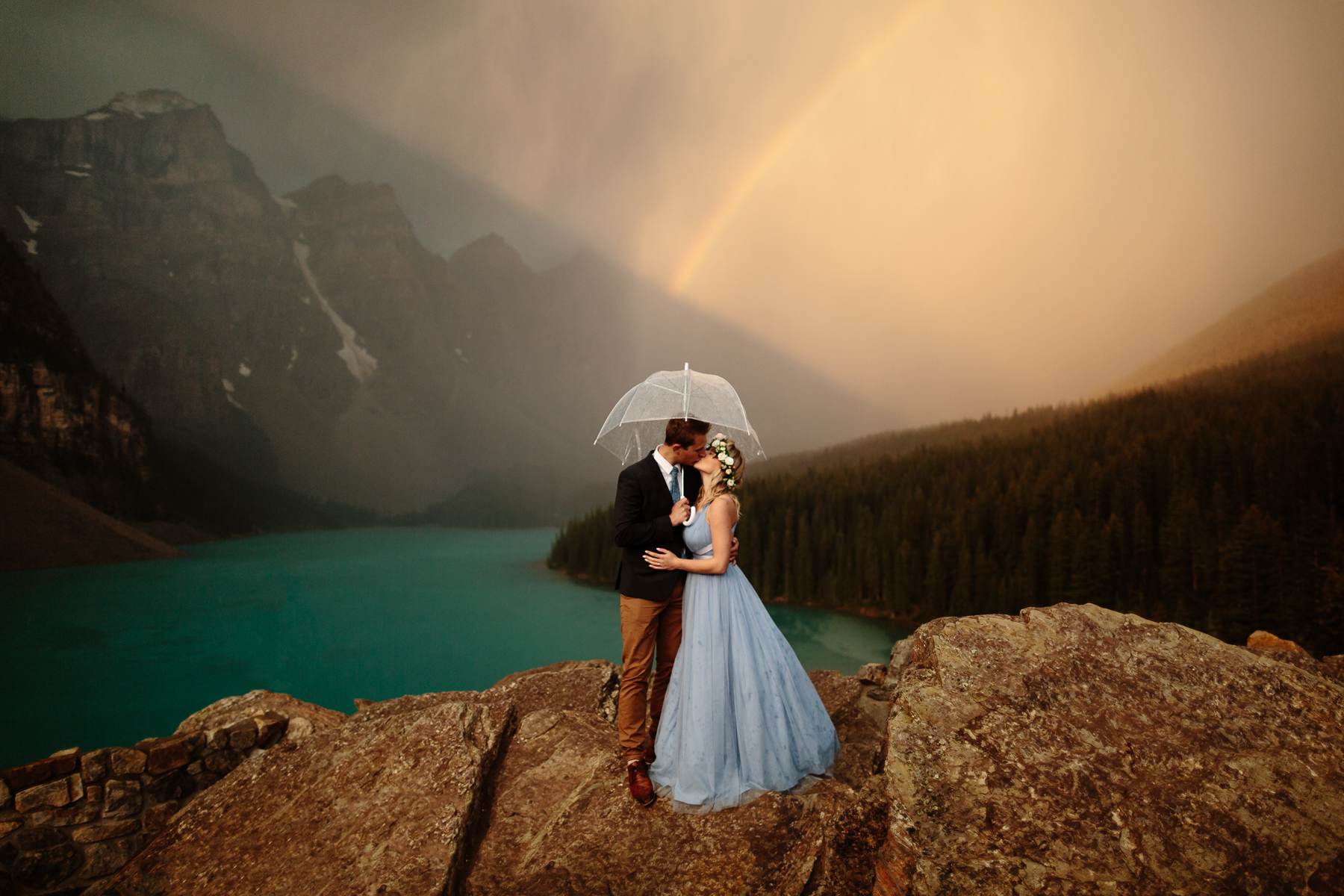 Banff Elopement Photographers at Moraine Lake with Blue Wedding Dress