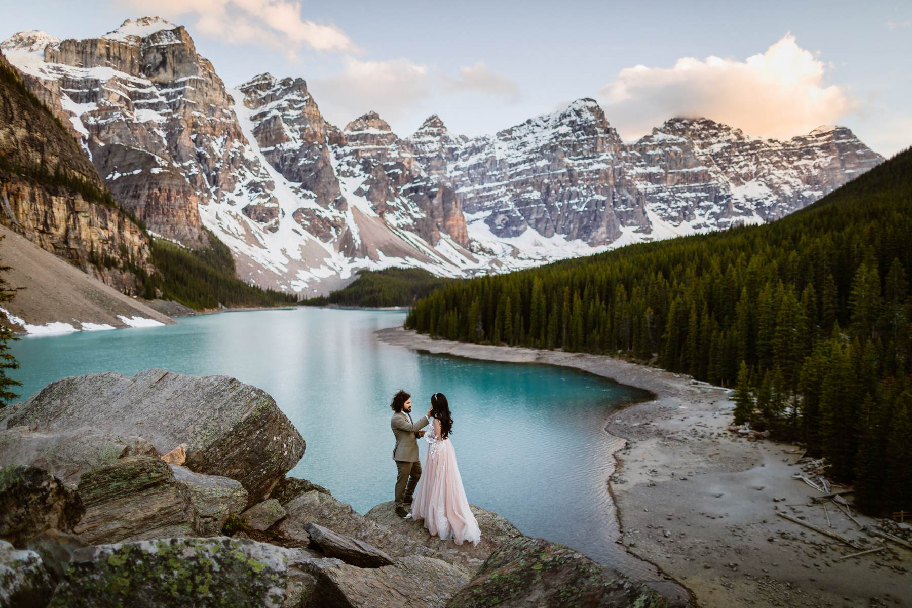 Canmore elopement photographers at Quarry Lake Park wedding ceremony and Moraine Lake sunset