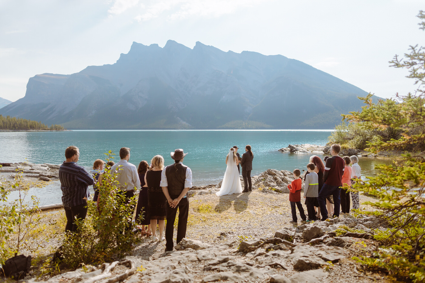Lake Minnewanka wedding ceremony photo in Banff National Park