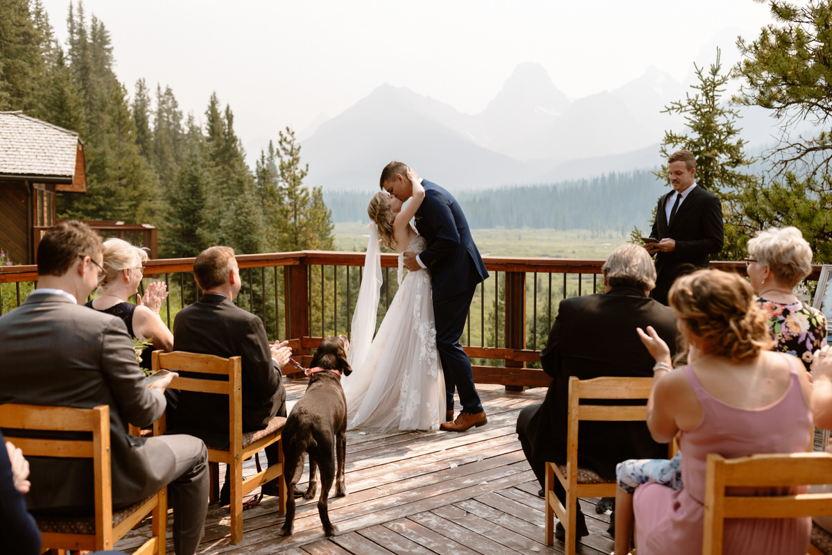 Mount Engadine Lodge wedding ceremony first kiss