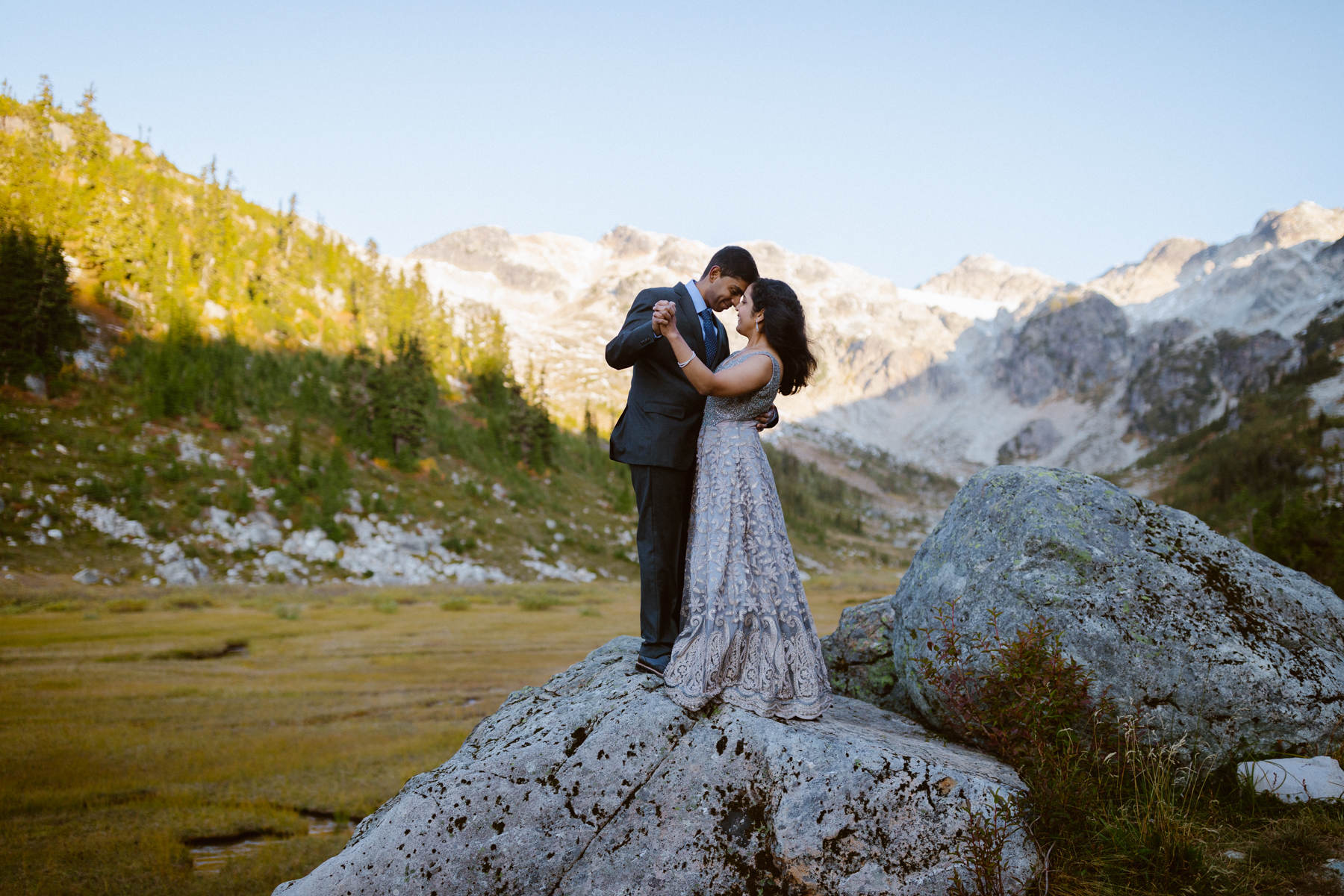 Whistler wedding photographer engagement photos with hiking in traditional East Indian dress
